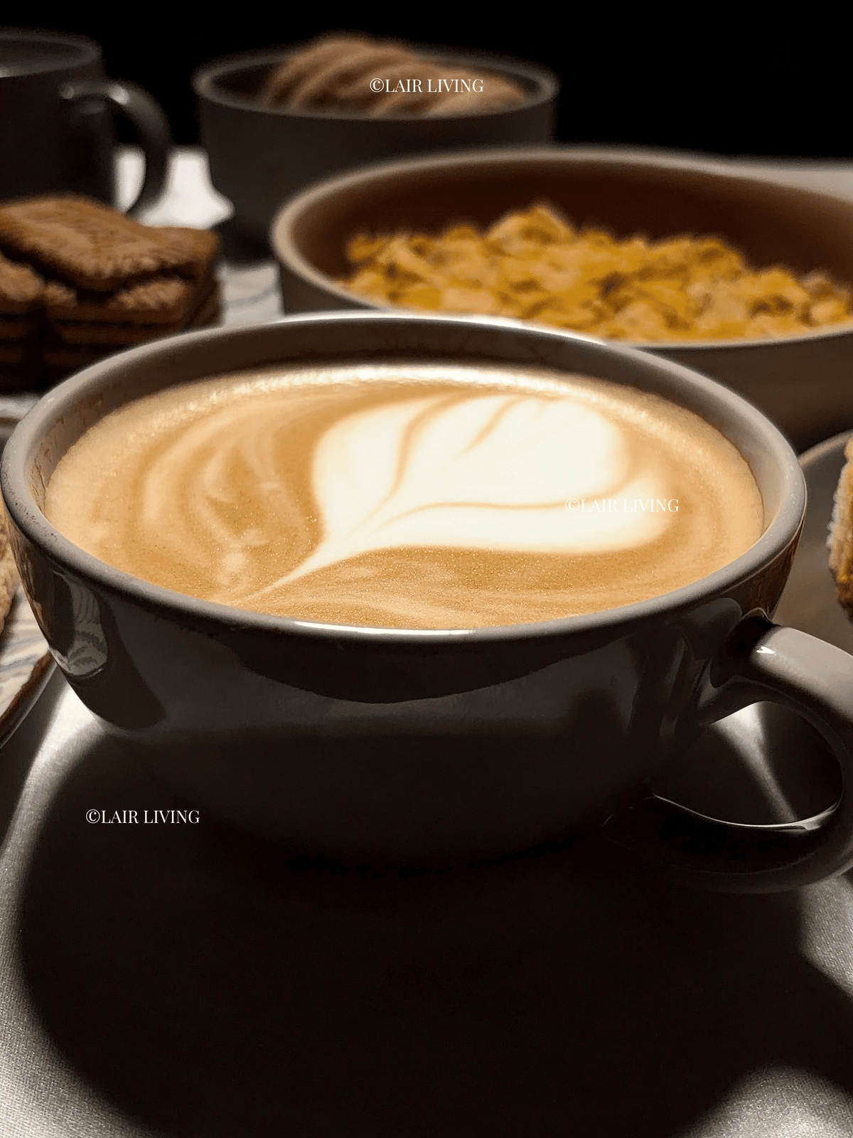 Close-up of latte art in the wide Ashen cappuccino cup, handmade ceramic stoneware by Lair Living