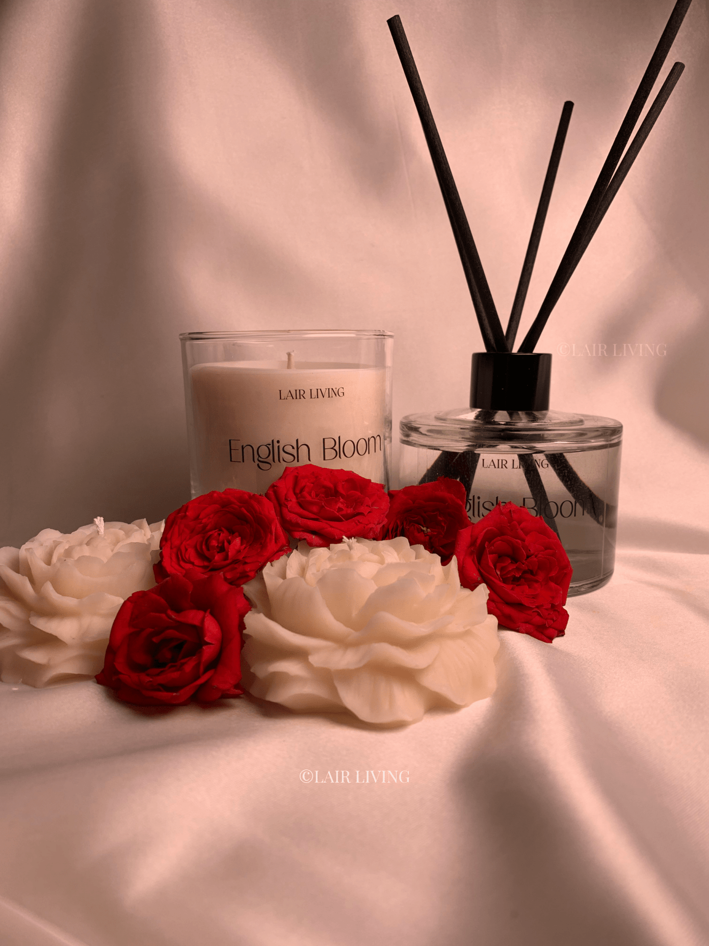 Lair Living English Bloom Reed Diffuser with 8 reed sticks and soy wax candle, offering fresh floral notes of rose and peony. Best in India for luxury home fragrance and gifting.