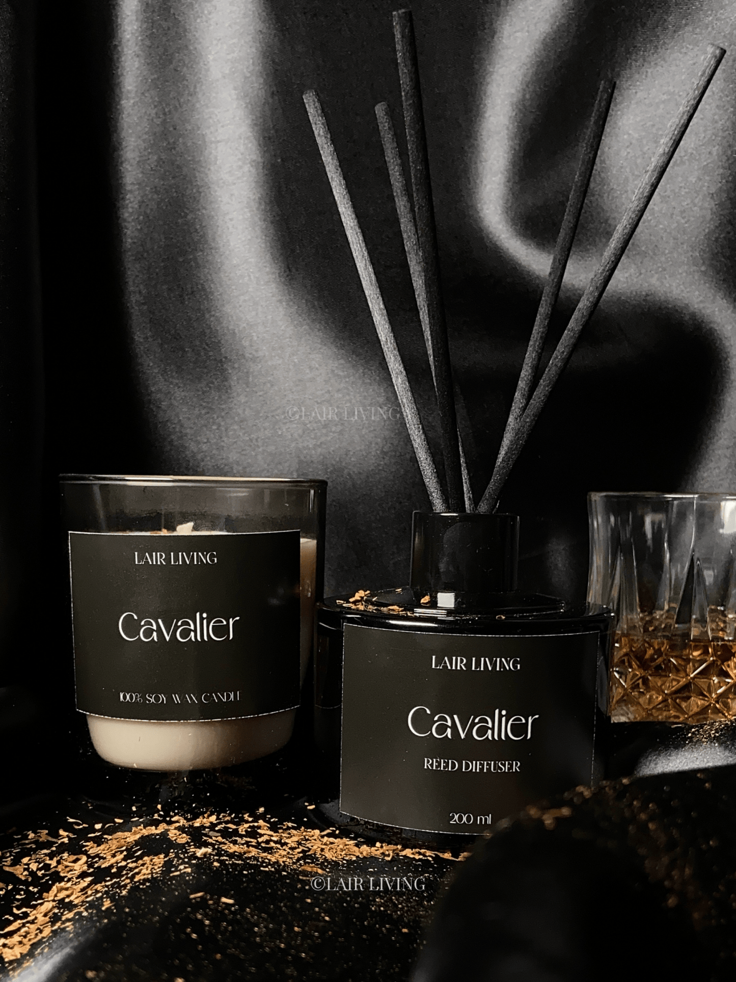 Lair Living Cavalier Reed Diffuser with 8 reed sticks, featuring bold, masculine scents with tobacco and musk. Premium home fragrance, best for gifting in India.