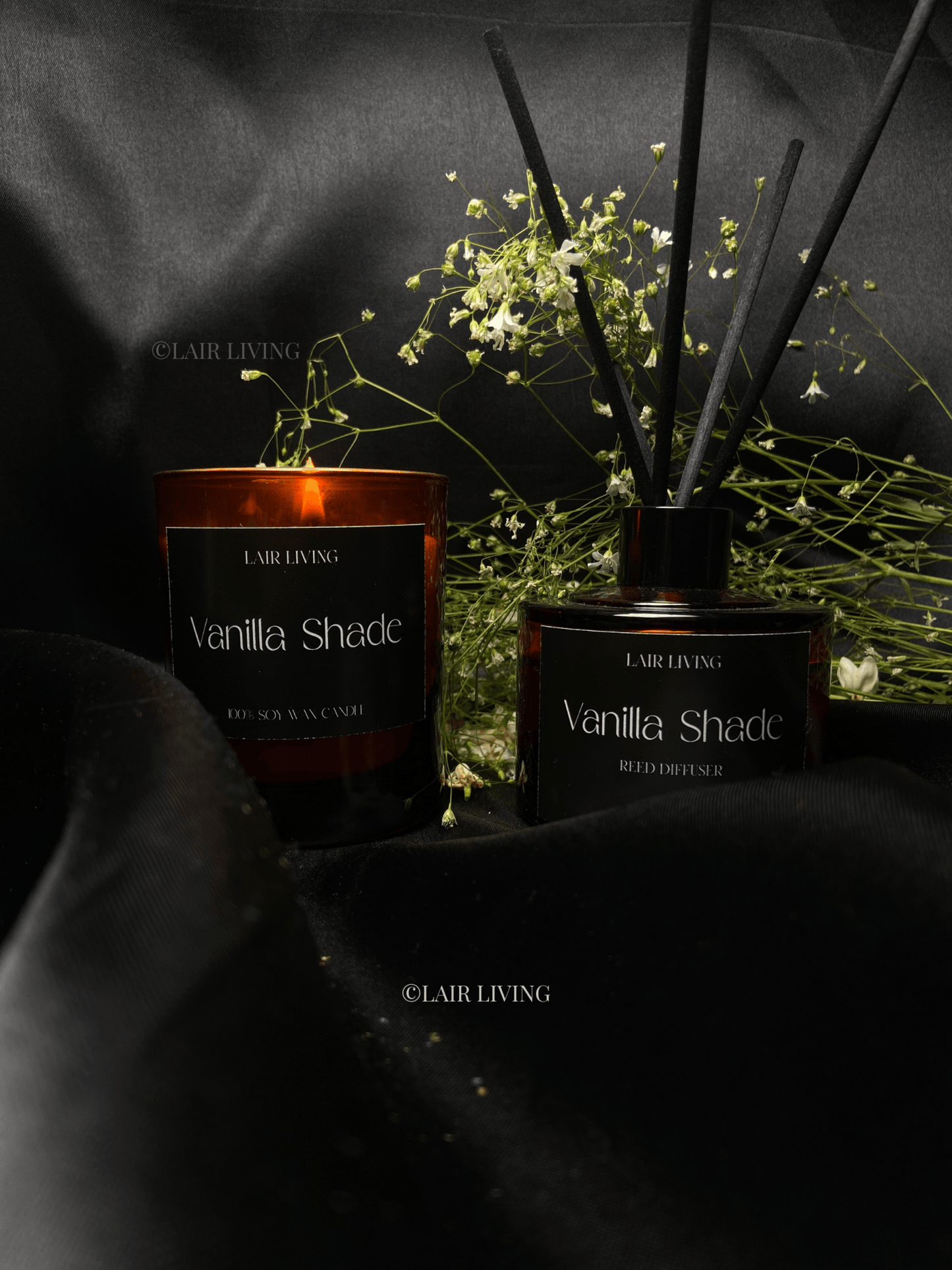 Lair Living Vanilla Shade Reed Diffuser with 8 reed sticks and soy wax candle, crafted from premium essential oils for a warm, comforting fragrance. Best in India for luxury home fragrance and gifting.