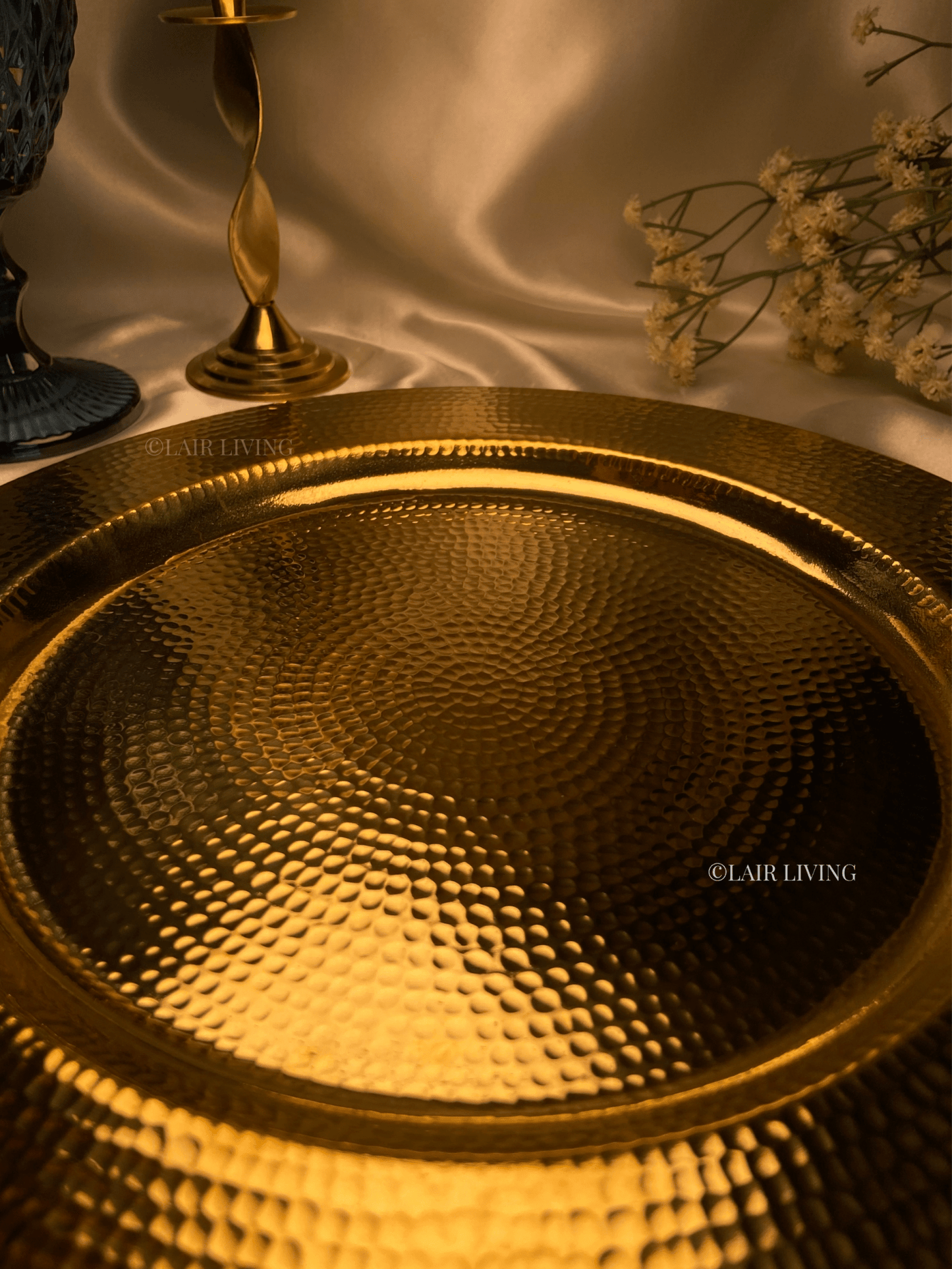 Luxury pure brass hammered charger plate by Lair Living, perfect for elevating your dining experience. This elegant and durable piece is ideal for luxury dining settings and best for gifting. Best in India for premium tableware. 2