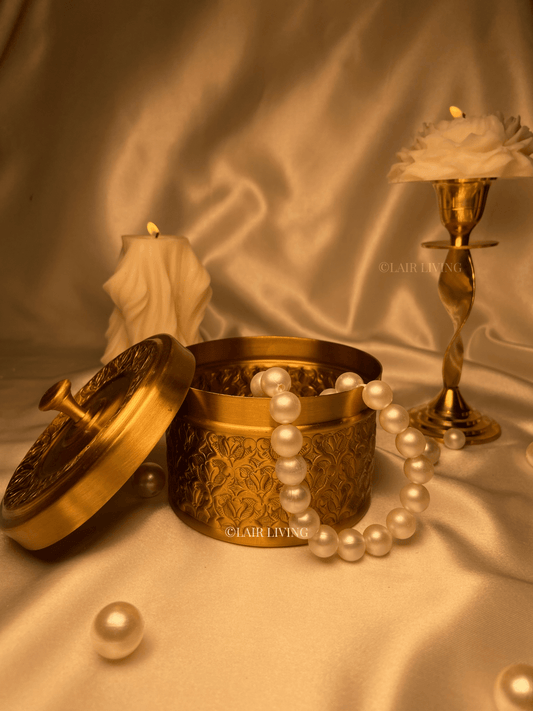 Lair Living's pure brass jewellery box, a luxury storage solution with intricate designs. Perfect for keeping your valuables safe and adding a touch of elegance to your space. Best in India for premium gifting and decor.
