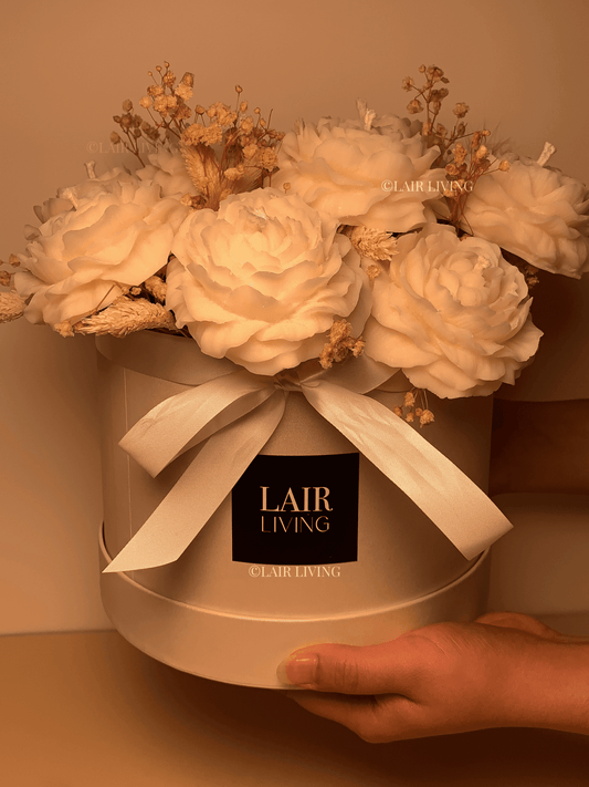 Roka and engagement gift ideas India - peony candle flower bouquet by Lair Living