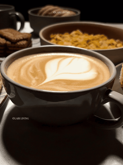 Close-up of latte art in the wide Ashen cappuccino cup, handmade ceramic stoneware by Lair Living