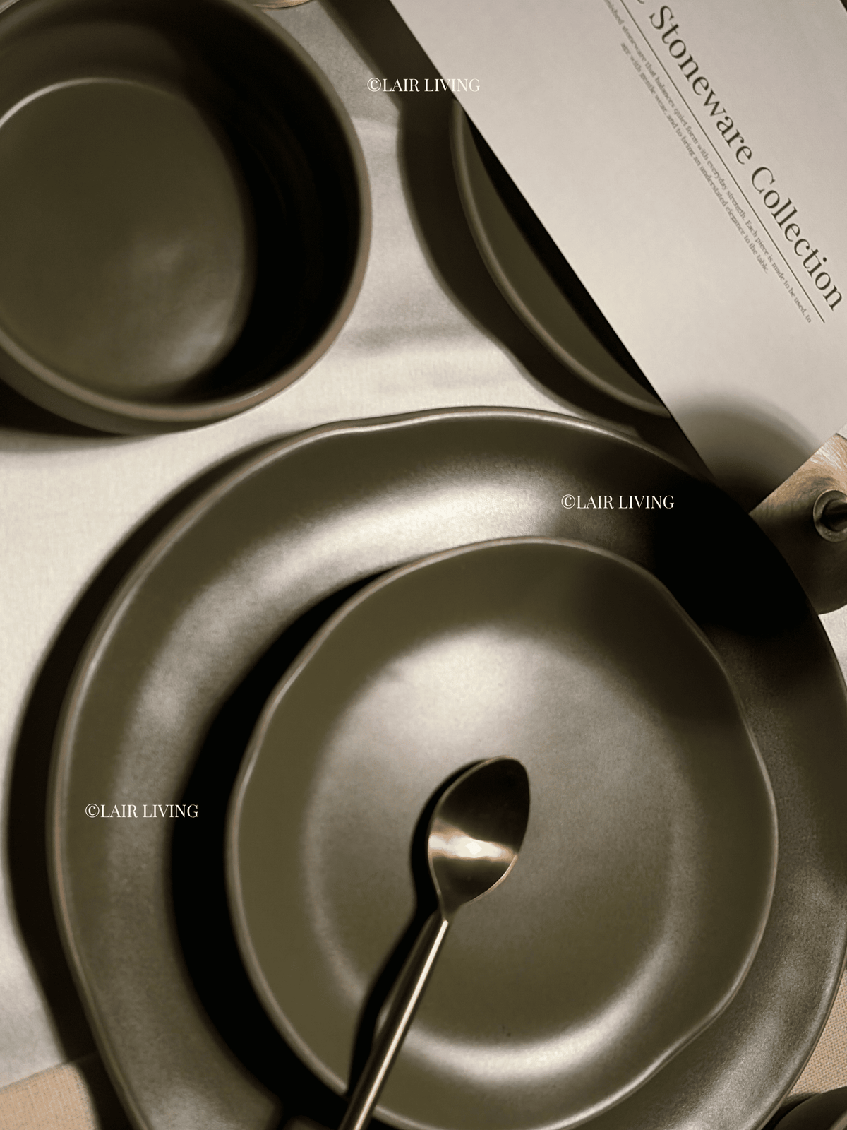 Overhead view of the Verdant full plate and quarter plate in matte olive stoneware with a gold spoon — Lair Living