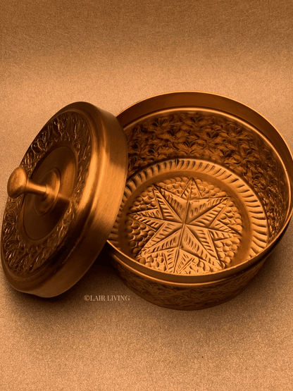 Lair Living's pure brass jewellery box, a luxury storage solution with intricate designs. Perfect for keeping your valuables safe and adding a touch of elegance to your space. Best in India for premium gifting and decor.