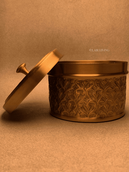 Lair Living's pure brass jewellery box, a luxury storage solution with intricate designs. Perfect for keeping your valuables safe and adding a touch of elegance to your space. Best in India for premium gifting and decor.