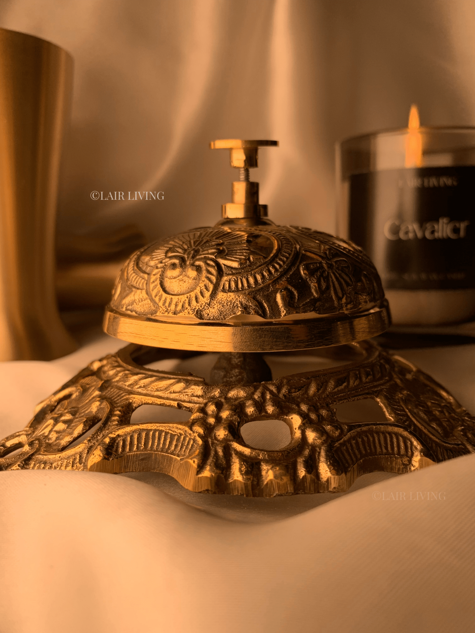 Elegant pure brass table bell by Lair Living, ideal for premium office accessories and high-end decor. Combines functionality with traditional craftsmanship. Best in India for luxury decor and gifting. 2