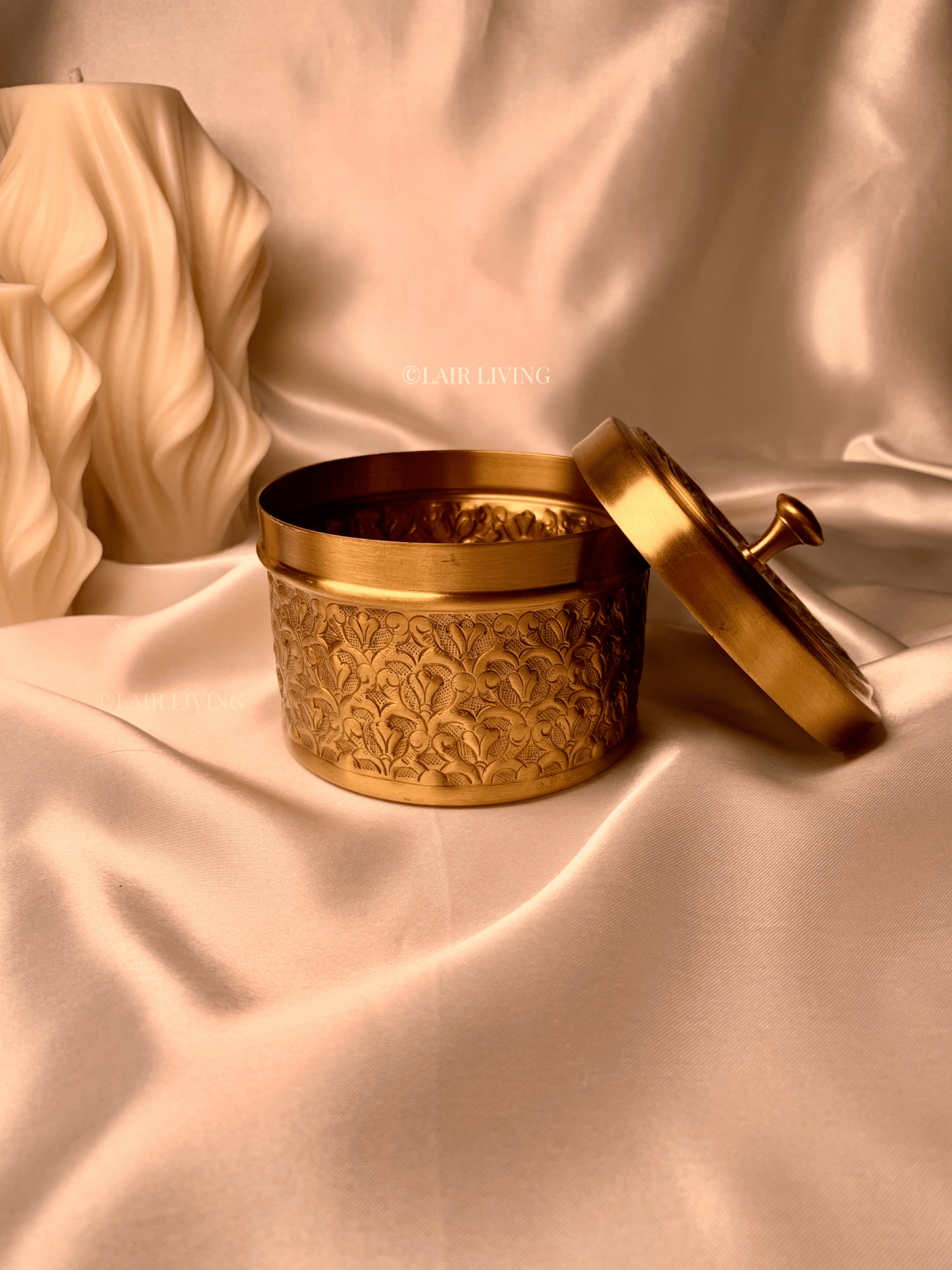 Lair Living's pure brass jewellery box, a luxury storage solution with intricate designs. Perfect for keeping your valuables safe and adding a touch of elegance to your space. Best in India for premium gifting and decor.
