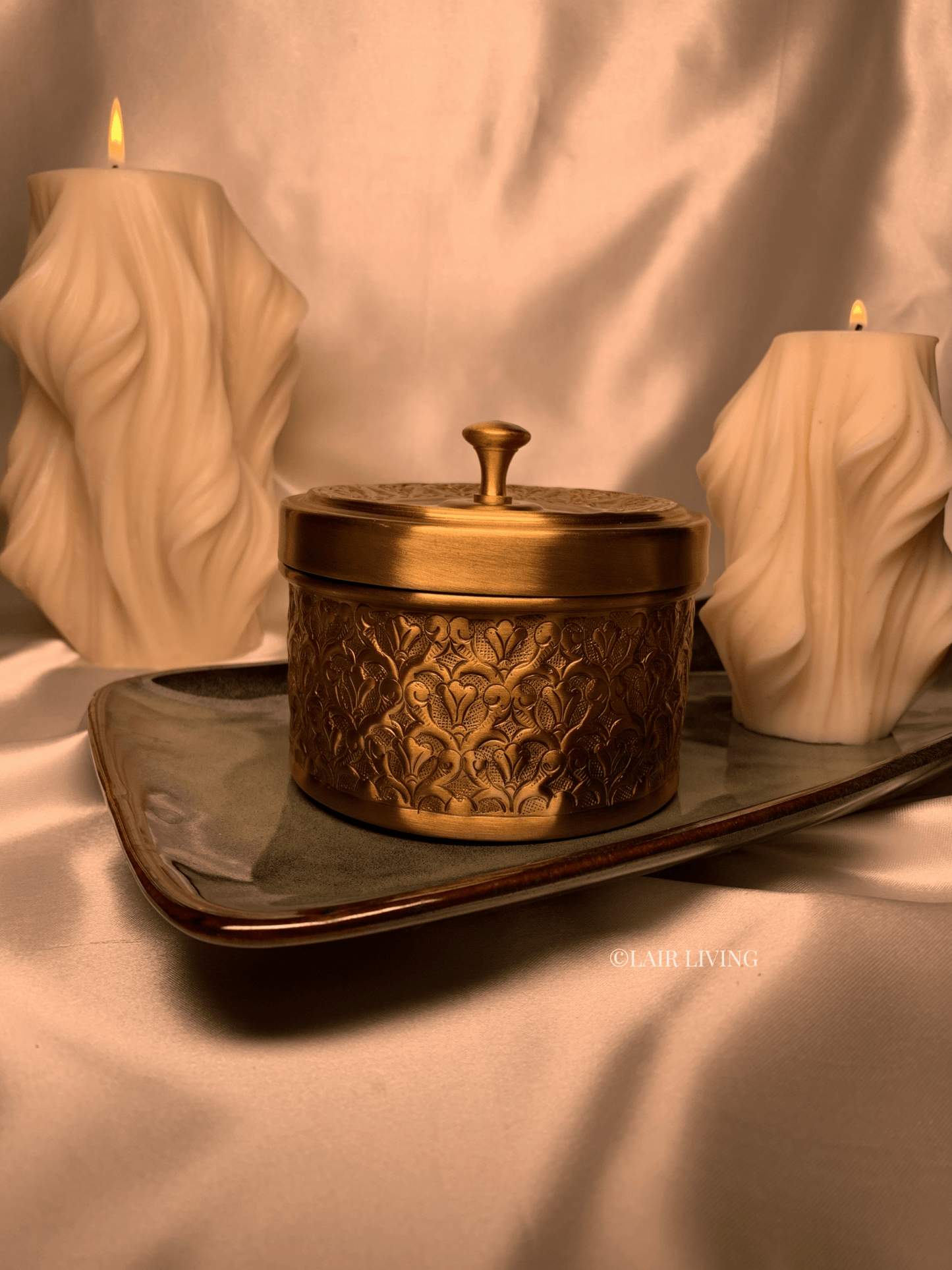 Lair Living's pure brass jewellery box, a luxury storage solution with intricate designs. Perfect for keeping your valuables safe and adding a touch of elegance to your space. Best in India for premium gifting and decor.