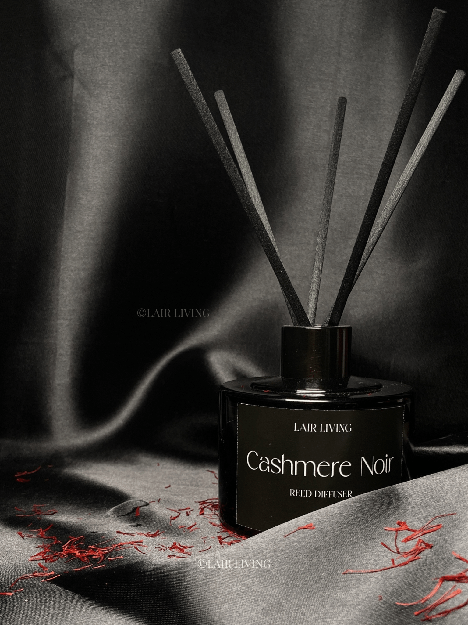 Lair Living Cashmere Noir Reed Diffuser with 8 reed sticks, crafted from premium essential oils for a luxurious, warm fragrance. Best in India for home fragrance and gifting.