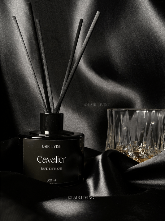 Lair Living Cavalier Reed Diffuser with 8 reed sticks, featuring bold, masculine scents with tobacco and musk. Premium home fragrance, best for gifting in India.