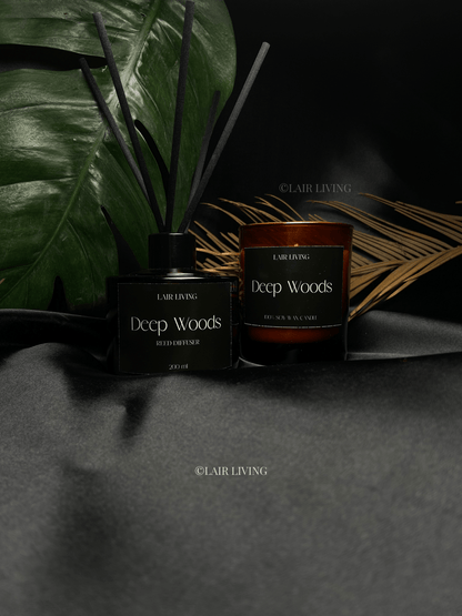 Lair Living Deep Woods Reed Diffuser with 8 reed sticks, crafted from premium oils to bring an earthy, tranquil ambiance to any room. Best in India for home fragrance and gifting.