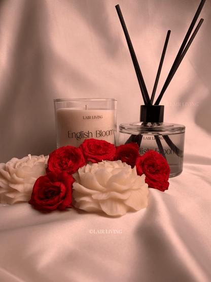 Lair Living English Bloom Reed Diffuser with 8 reed sticks, offering fresh floral notes of rose and peony. Best in India for luxury home fragrance and gifting.