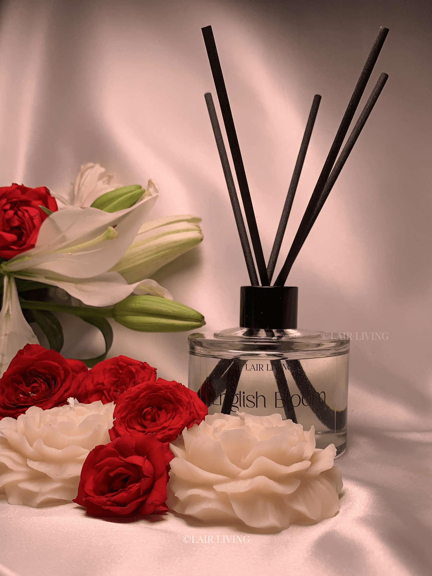 Lair Living English Bloom Reed Diffuser with 8 reed sticks, offering fresh floral notes of rose and peony. Best in India for luxury home fragrance and gifting.