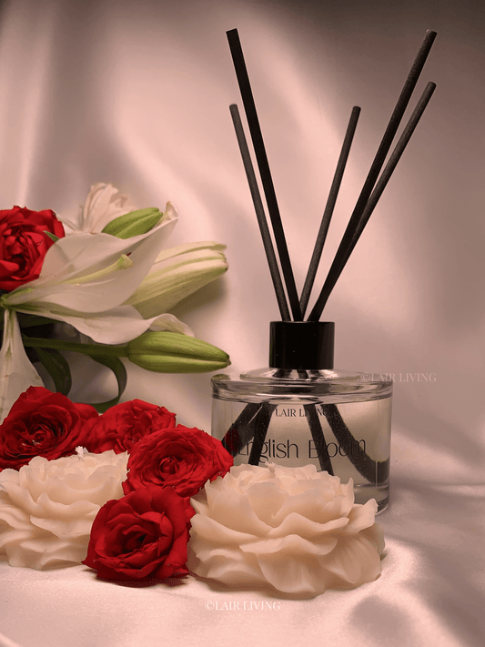 Lair Living English Bloom Reed Diffuser with 8 reed sticks, offering fresh floral notes of rose and peony. Best in India for luxury home fragrance and gifting.