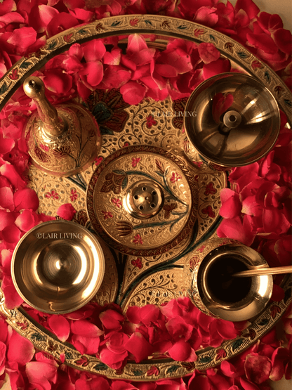 The Sacred Bloom Pooja Thali Set | Brass Pooja Thali Set - Lair living