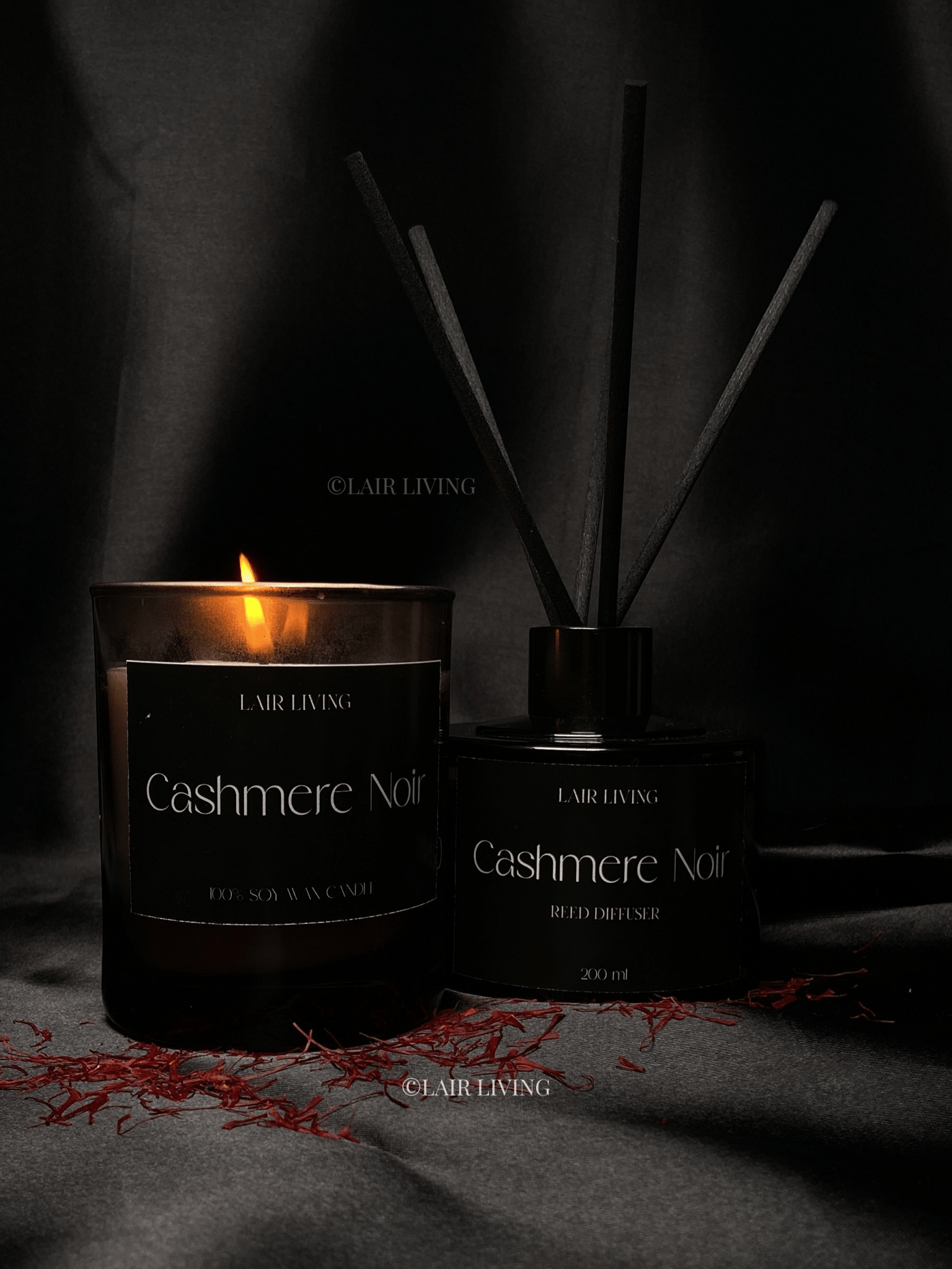 Lair Living Cashmere Noir Reed Diffuser with 8 reed sticks, crafted from premium essential oils for a luxurious, warm fragrance. Best in India for home fragrance and gifting.