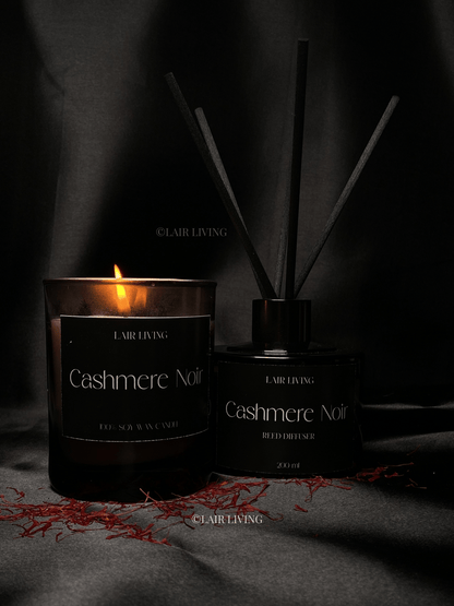 Lair Living Cashmere Noir Reed Diffuser with 8 reed sticks, crafted from premium essential oils for a luxurious, warm fragrance. Best in India for home fragrance and gifting.