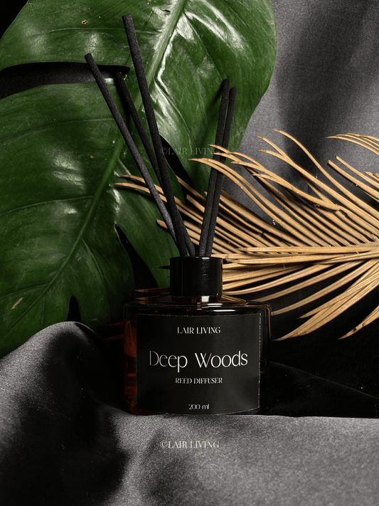 Lair Living Deep Woods Reed Diffuser with 8 reed sticks, crafted from premium oils to bring an earthy, tranquil ambiance to any room. Best in India for home fragrance and gifting.