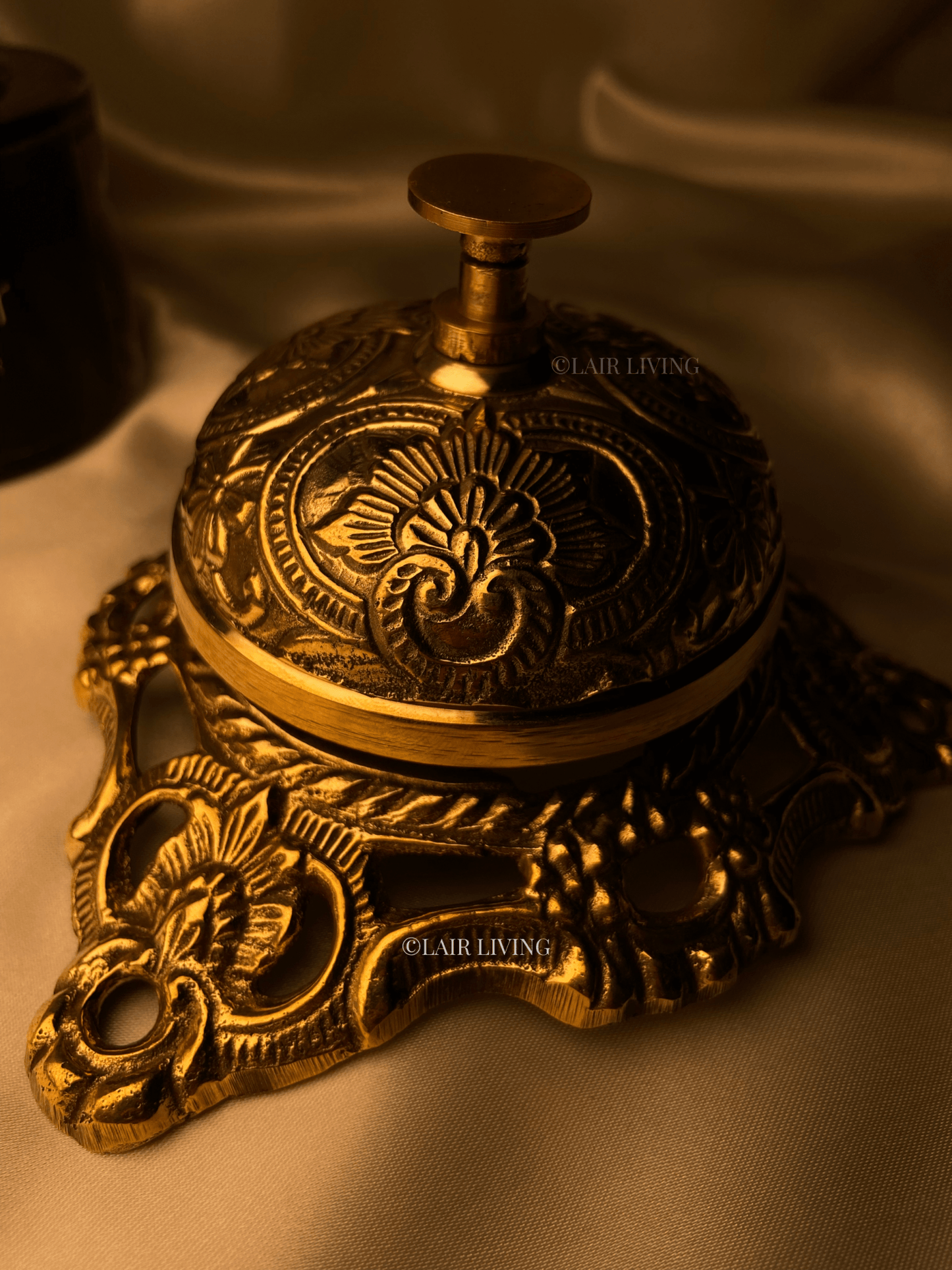Elegant pure brass table bell by Lair Living, ideal for premium office accessories and high-end decor. Combines functionality with traditional craftsmanship. Best in India for luxury decor and gifting. 5