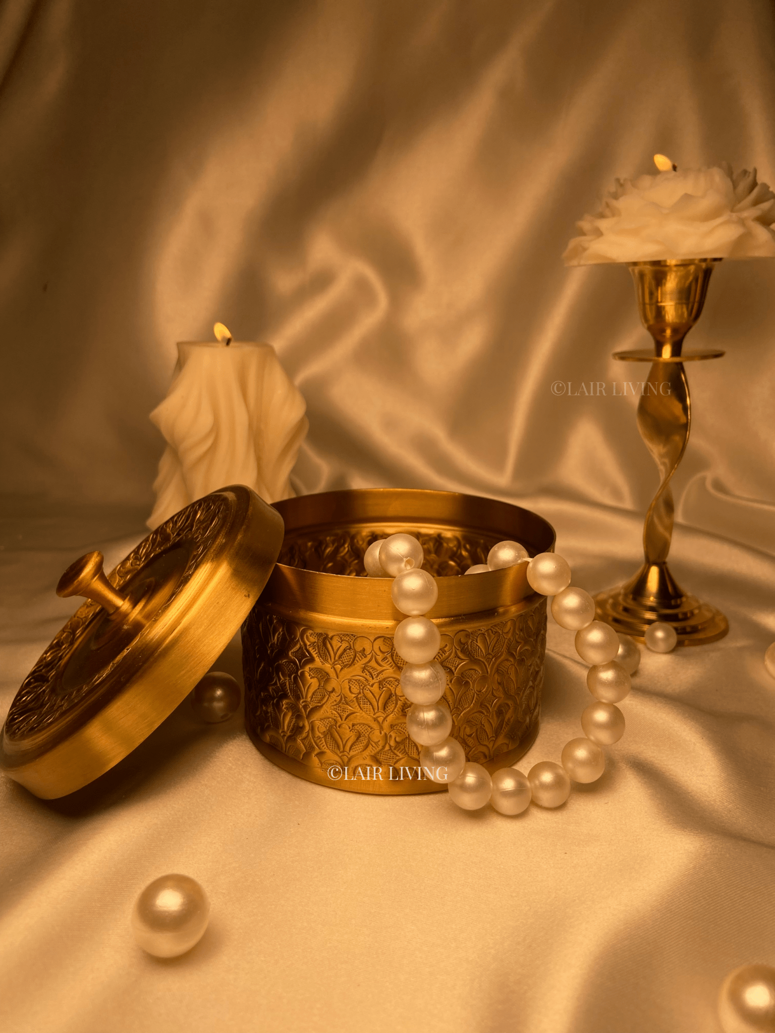 Lair Living's pure brass jewellery box, a luxury storage solution with intricate designs. Perfect for keeping your valuables safe and adding a touch of elegance to your space. Best in India for premium gifting and decor.